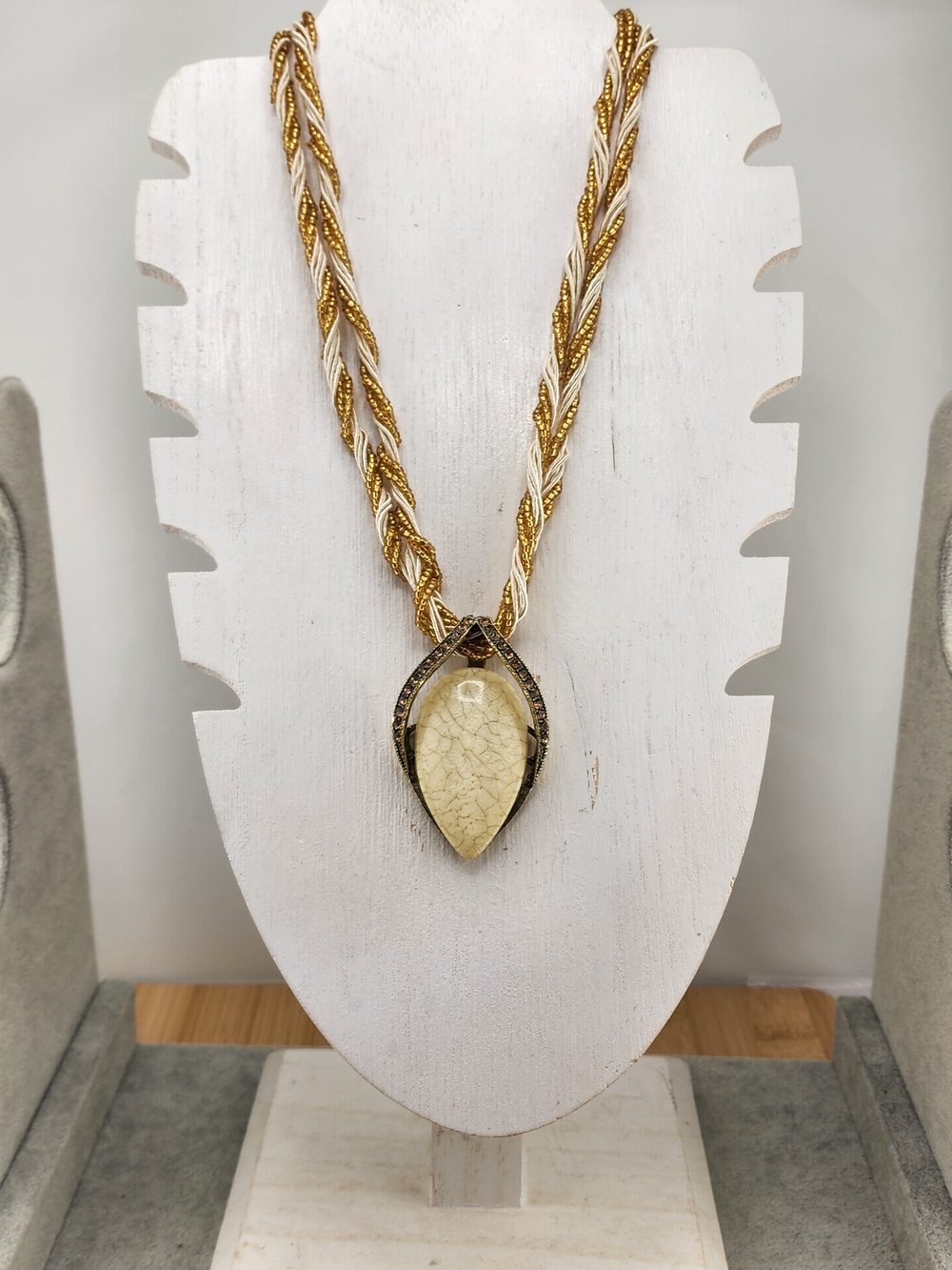 19in To 21in Adjustable Gold-Tone Braided Necklace with Cream Teardrop Pendant